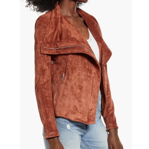 BLANKNYC Moto Jacket Womens M Rust Brown Faux Vegan Soft Suede Modern Boho Chic - Picture 1 of 16